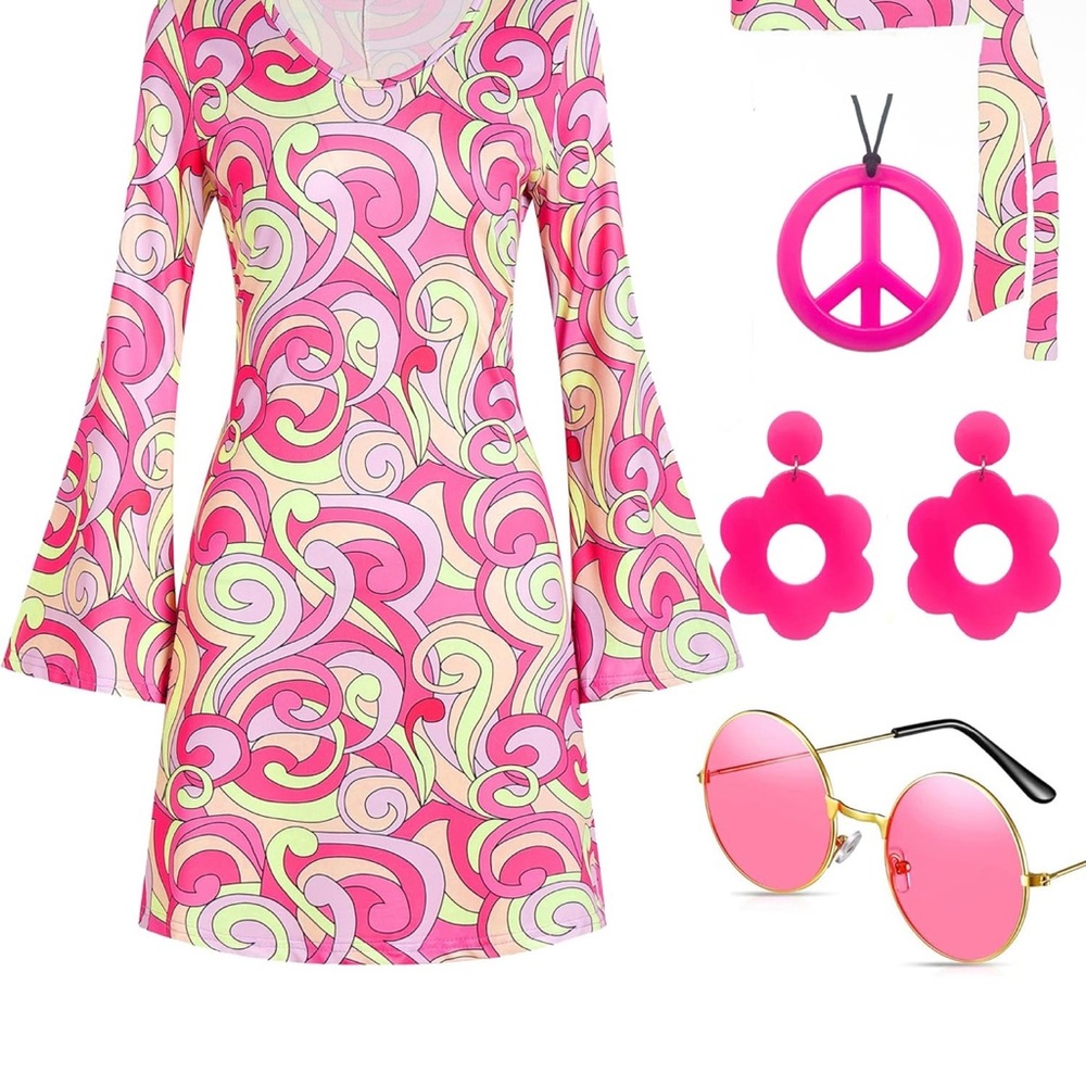 60s 70s Disco Retro Pink Swirl Long Sleeve Dress